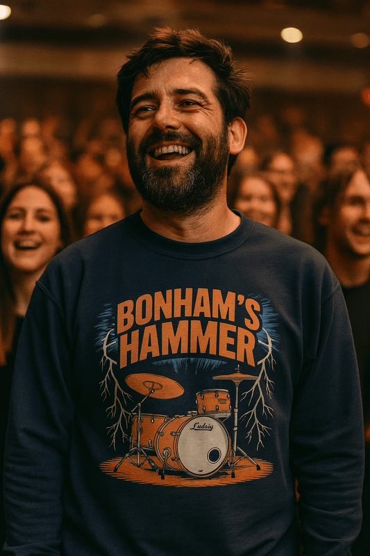 Bonham's Hammer crewneck sweatshirt with drummer tribute design for Led Zeppelin fans