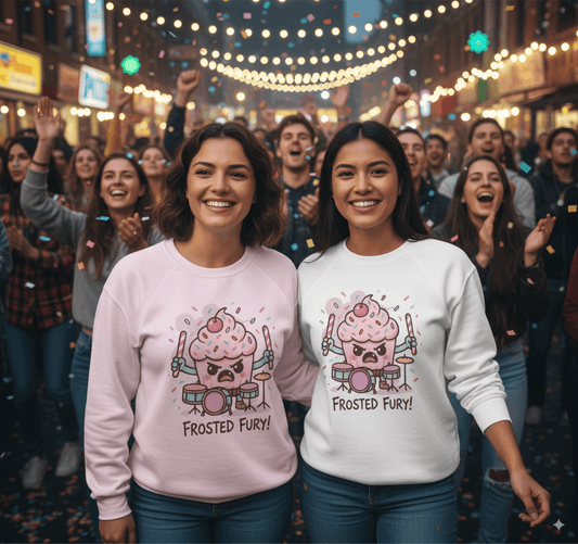 Frosted Fury crewneck sweatshirt with cute cupcake dessert graphic design