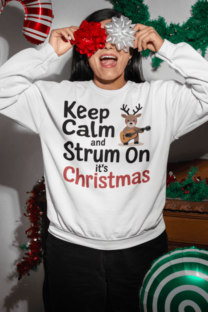 Keep Calm and Strum On Christmas Sweatshirt - Reindeer