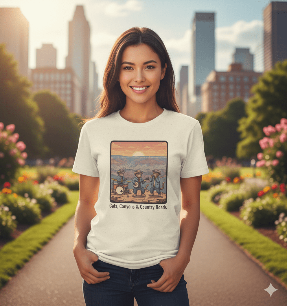 Whimsical cat band t-shirt with fun cats playing music instruments design