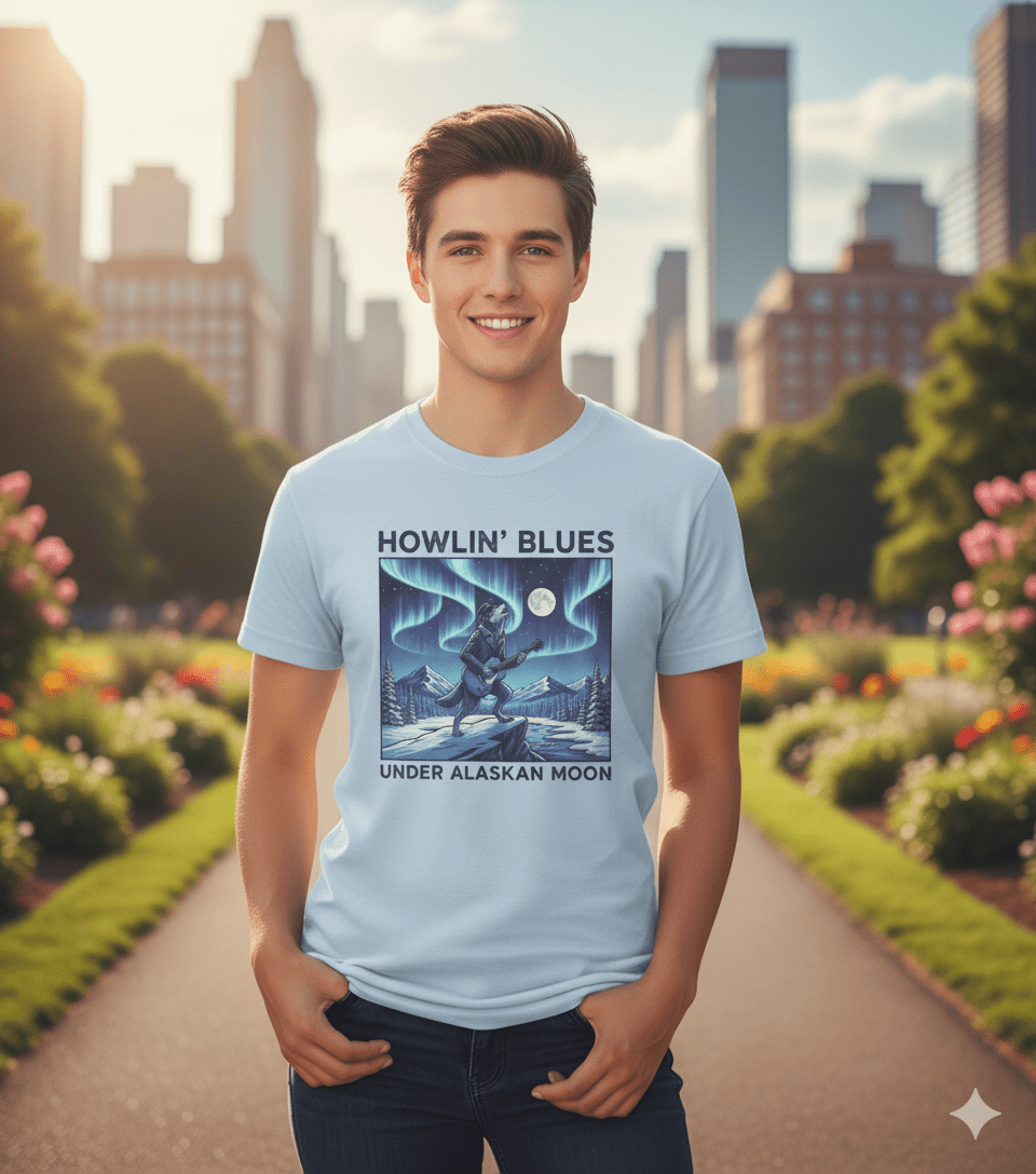 Howlin' Blues Alaskan Moon t-shirt with wolf howling and nature blues music design