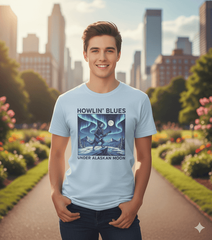 Howlin' Blues Alaskan Moon t-shirt with wolf howling and nature blues music design