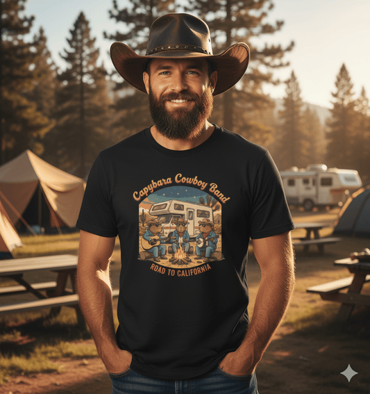 Capybara cowboy band t-shirt with road trip adventure and outdoor nature design