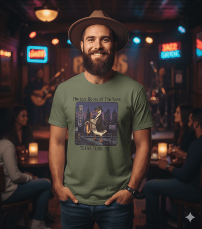 Vintage Jazz Goose t-shirt with retro jazz music and cool goose musician design