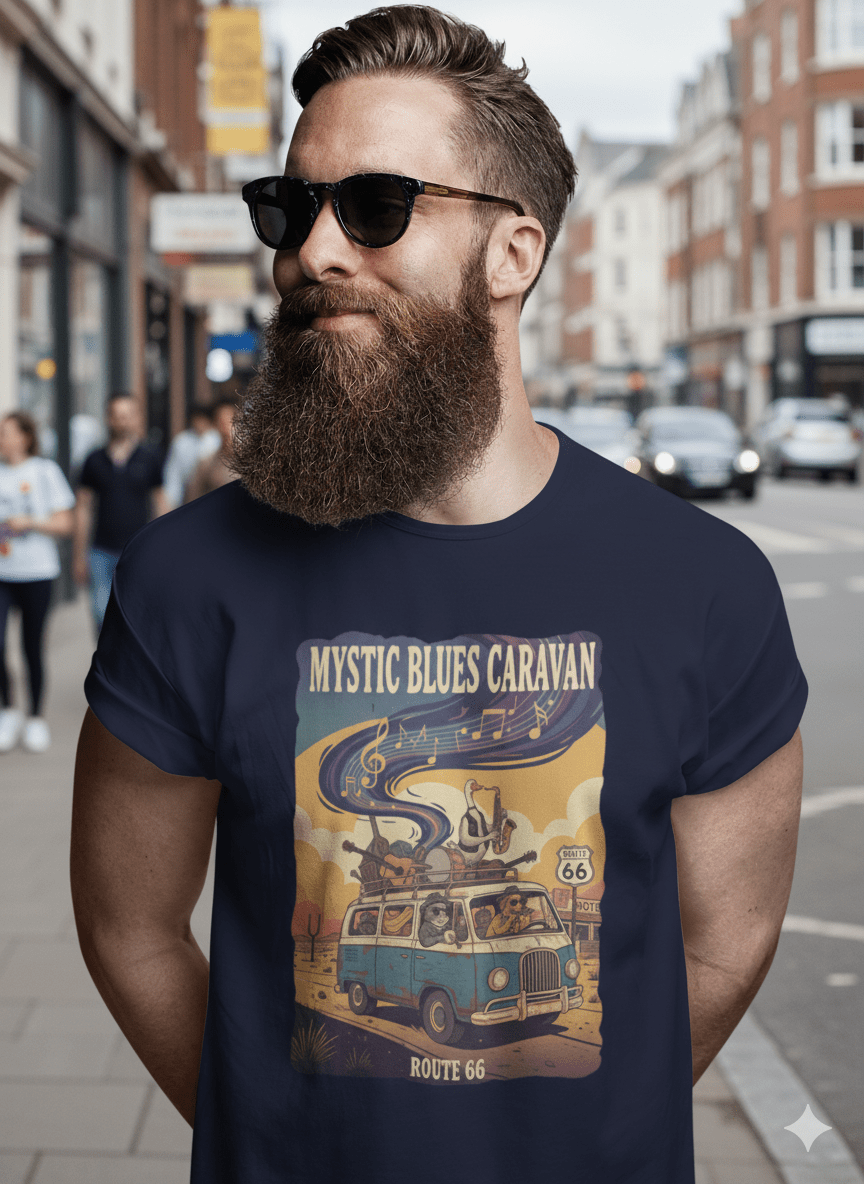 Vintage Route 66 Mystic Blues caravan t-shirt with retro highway travel design