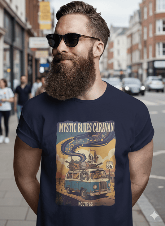 Vintage Route 66 Mystic Blues caravan t-shirt with retro highway travel design