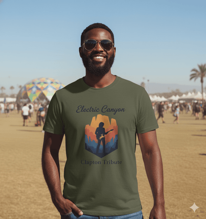 Electric Canyon Clapton tribute t-shirt with guitar legend and blues rock concert design
