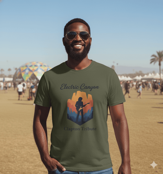 Electric Canyon Clapton tribute t-shirt with guitar legend and blues rock concert design