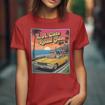 Vintage L.A. Cats Road Jam retro t-shirt with cat band and road trip design