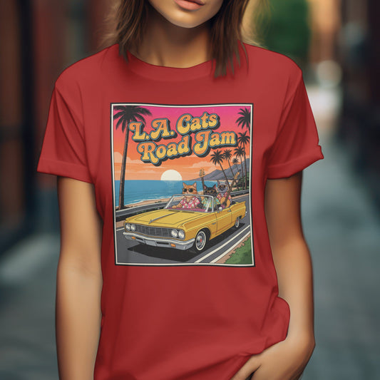 Vintage L.A. Cats Road Jam retro t-shirt with cat band and road trip design