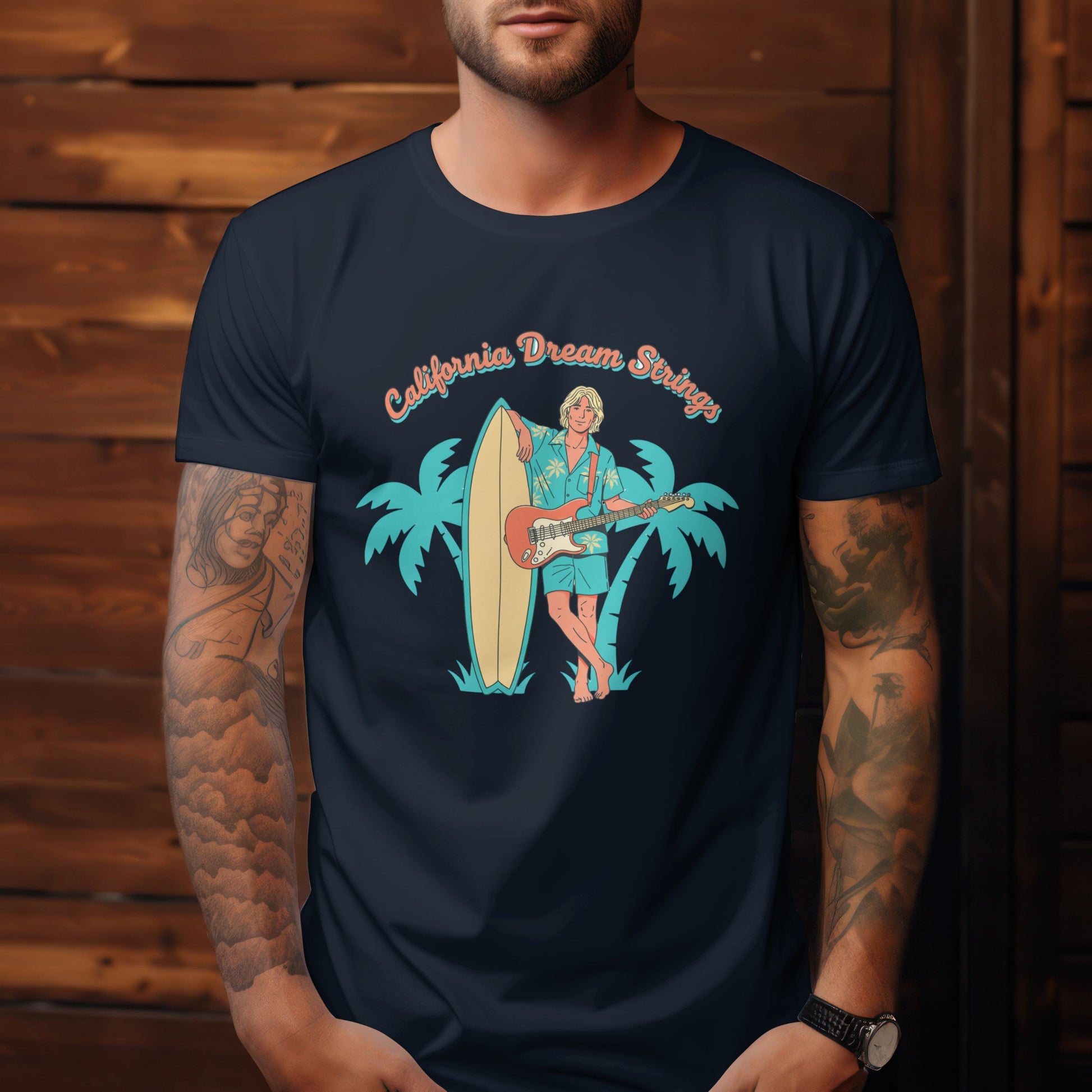 California Dreamin' surf t-shirt with retro beach vibes and surfing design