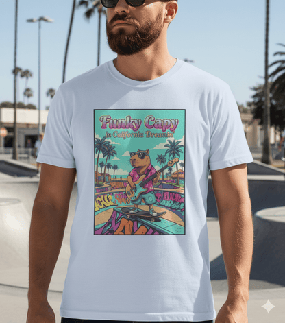 Funky capybara vibes retro t-shirt with beach skateboard and summer music design