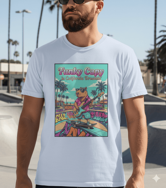 Funky capybara vibes retro t-shirt with beach skateboard and summer music design