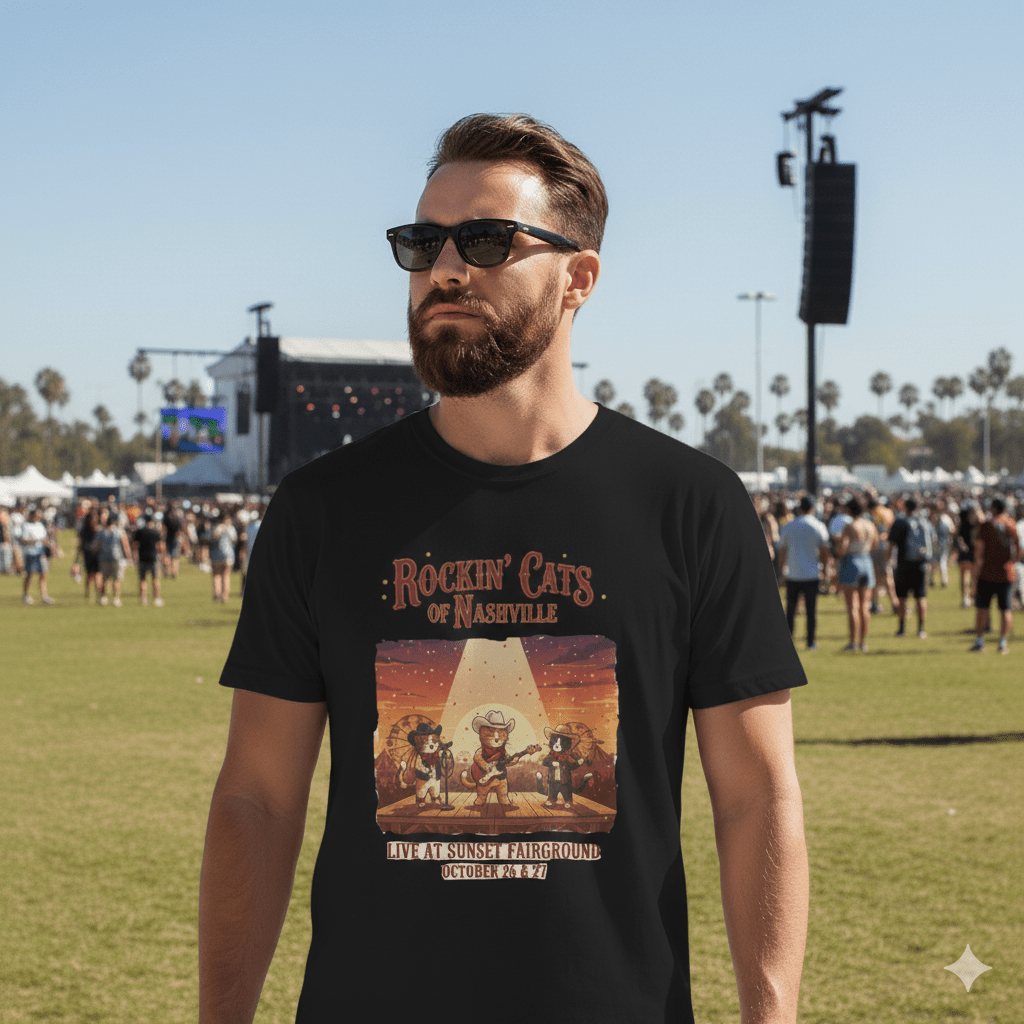 Retro music festival t-shirt with cat band and Nashville concert design