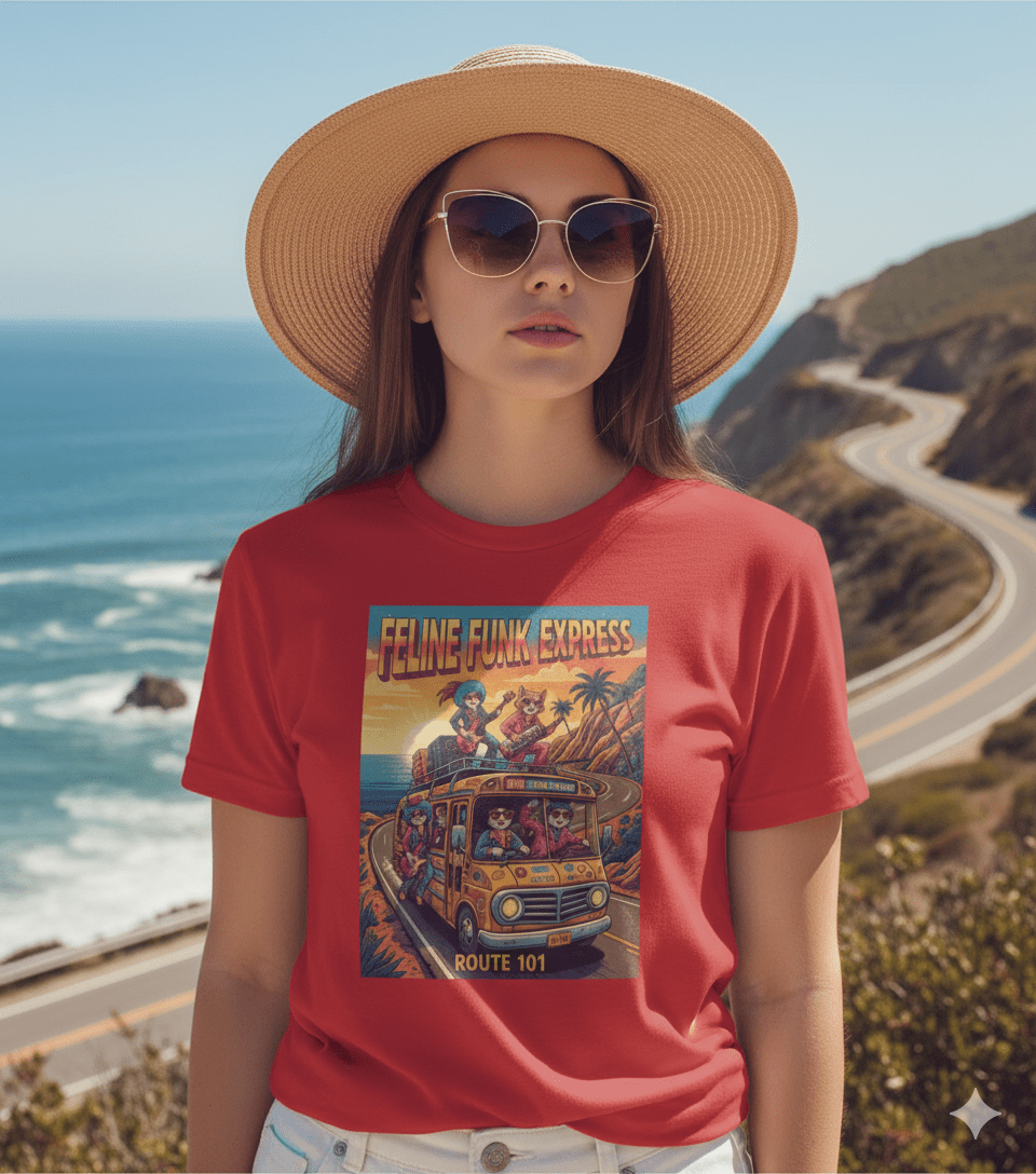 Feline Funk Express vintage t-shirt with funky cats and road trip music design