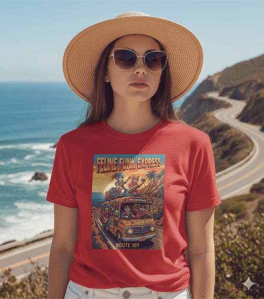 Feline Funk Express vintage t-shirt with funky cats and road trip music design
