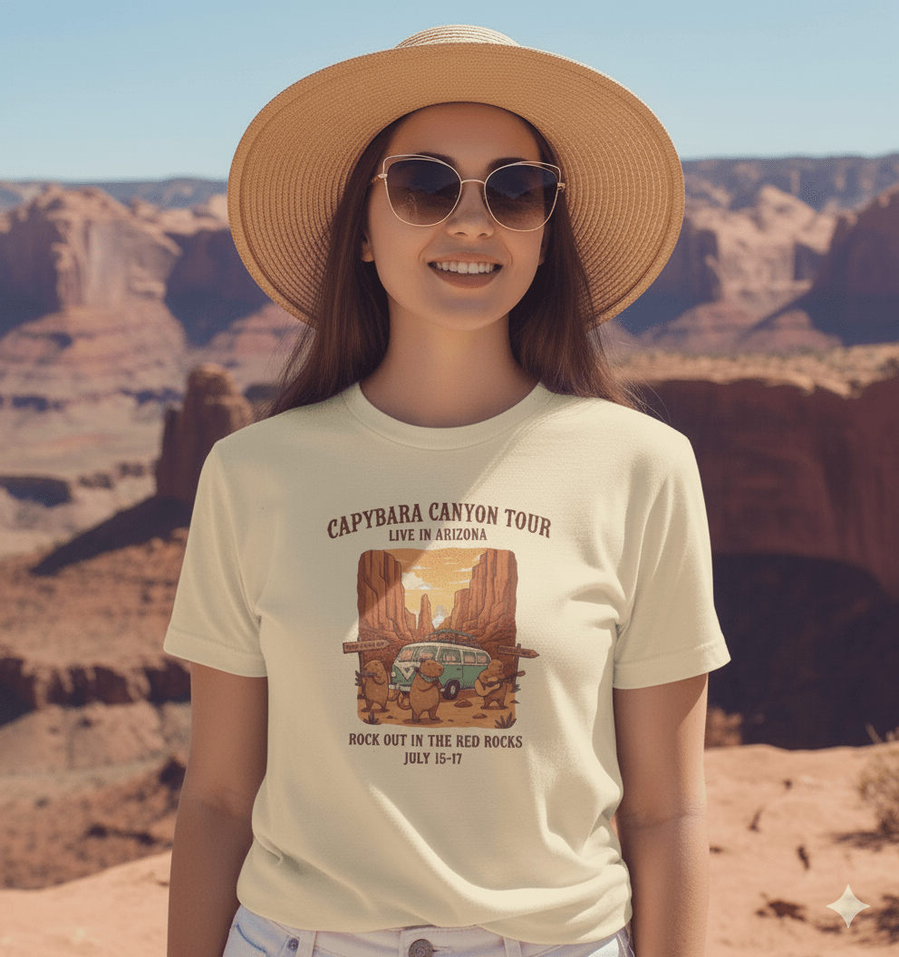 Capybara Canyon Tour t-shirt with Arizona canyon adventure and cute capybara design