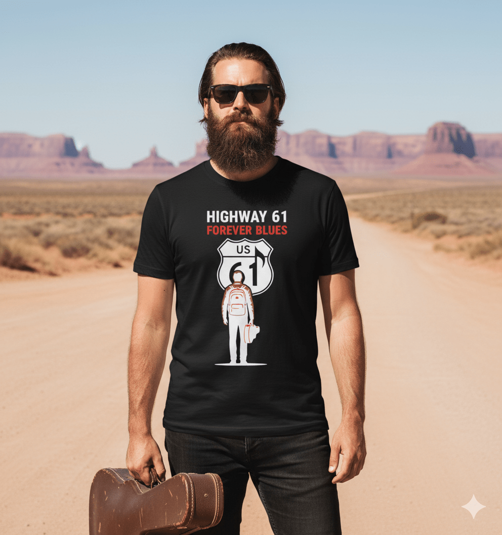 Highway 61 Forever Blues softstyle t-shirt with vintage blues music highway design