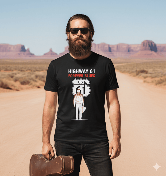 Highway 61 Forever Blues softstyle t-shirt with vintage blues music highway design