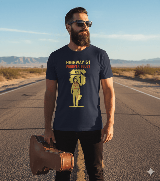Highway 61 Forever Blues graphic t-shirt with vintage road trip and blues music design
