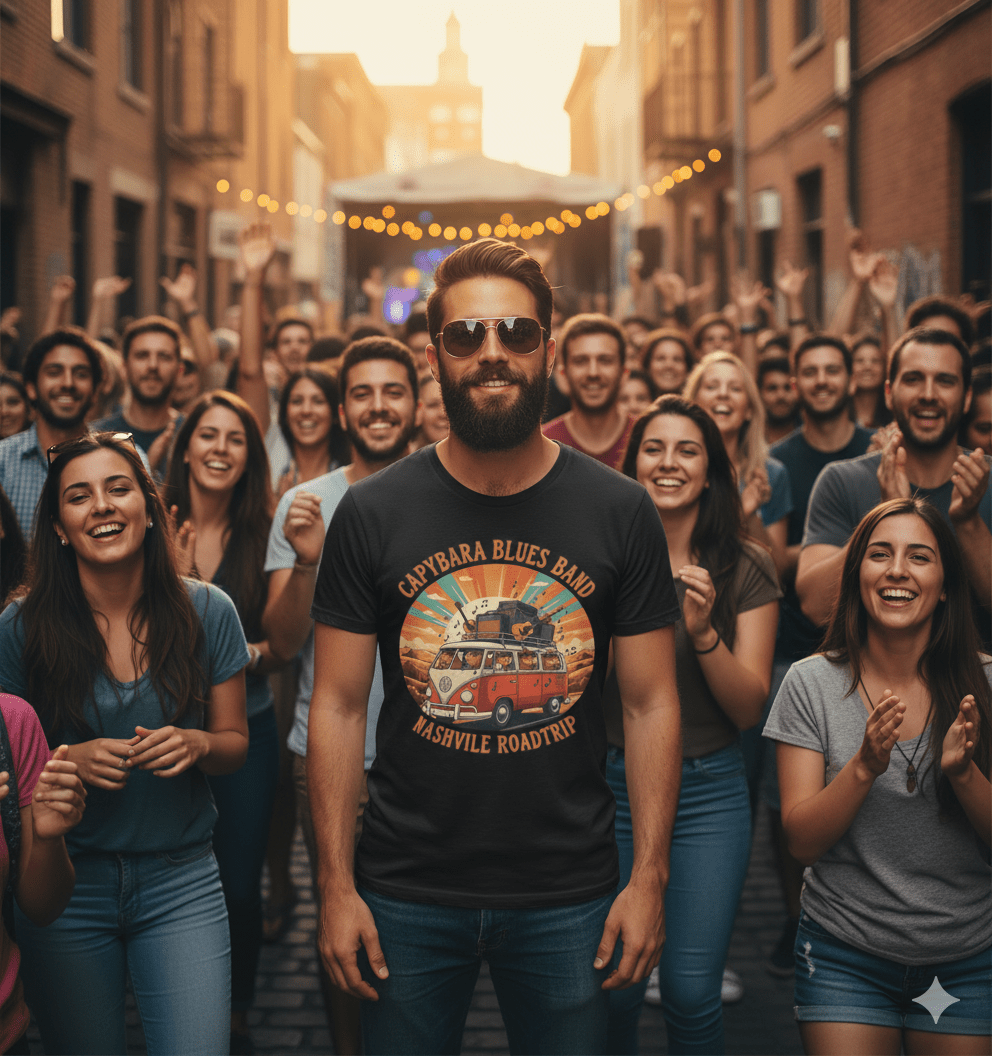 Vintage road trip capybara blues band t-shirt with retro music festival design