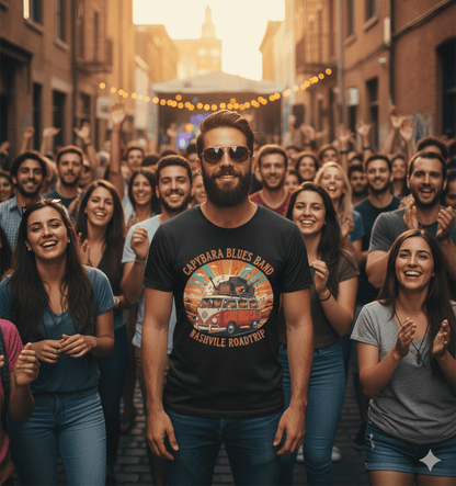 Vintage road trip capybara blues band t-shirt with retro music festival design