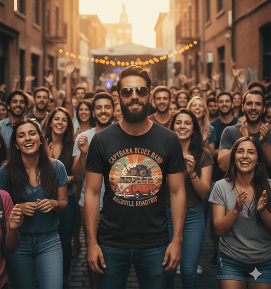 Vintage road trip capybara blues band t-shirt with retro music festival design