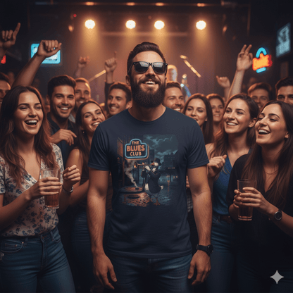 Vintage Blues Club graphic t-shirt with retro blues band and night club design