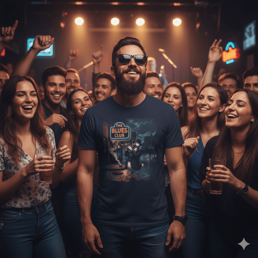 Vintage Blues Club graphic t-shirt with retro blues band and night club design