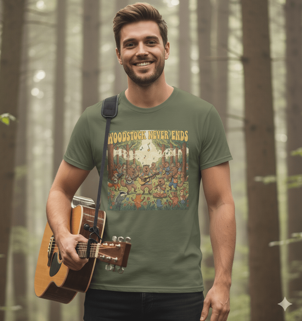 Woodstock Never Ends t-shirt with retro peace festival and bohemian hippie design