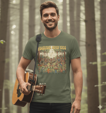 Woodstock Never Ends t-shirt with retro peace festival and bohemian hippie design