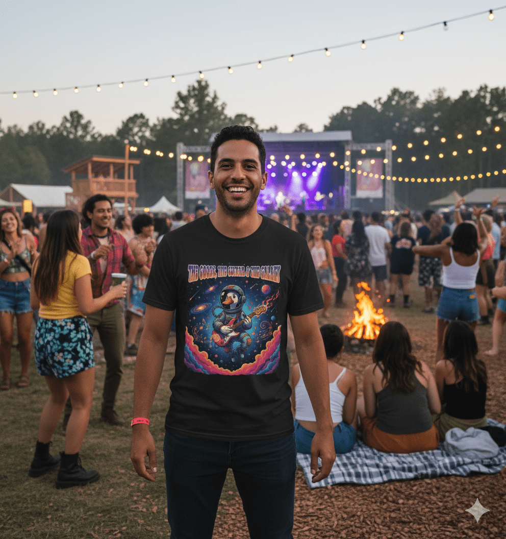 Groovy galactic guitar t-shirt with cosmic space art and psychedelic music design