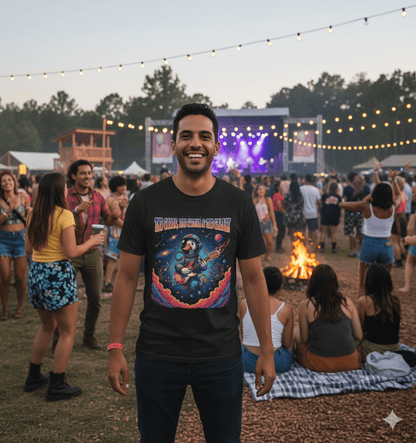 Groovy galactic guitar t-shirt with cosmic space art and psychedelic music design
