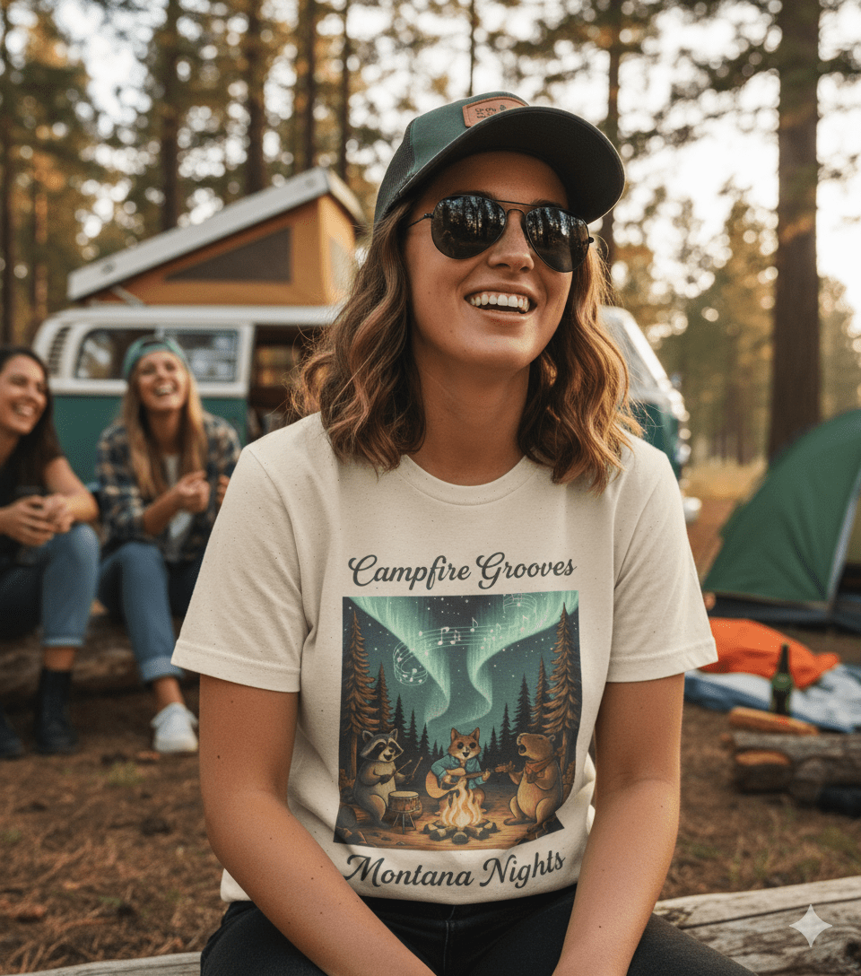 Campfire Grooves Montana Nights t-shirt with campfire music and wilderness design