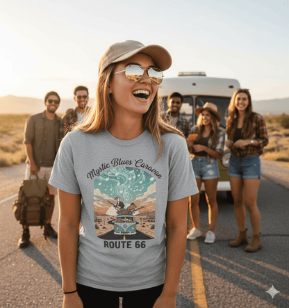 Mystic Blues Caravan Route 66 vintage t-shirt with highway travel and blues music design
