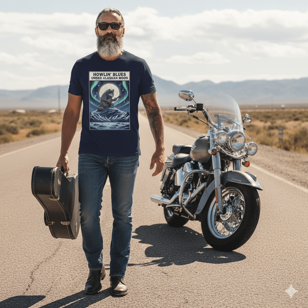 Alaskan Moon Howlin' Blues softstyle t-shirt with wolf howling at moon and blues music design