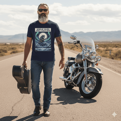 Alaskan Moon Howlin' Blues softstyle t-shirt with wolf howling at moon and blues music design