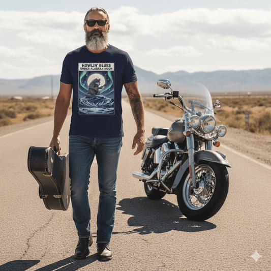 Alaskan Moon Howlin' Blues softstyle t-shirt with wolf howling at moon and blues music design
