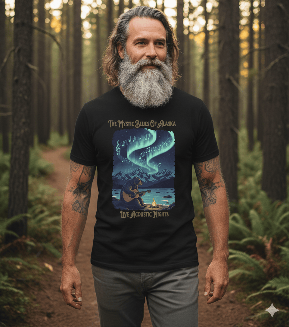 Mystic Blues of Alaska acoustic nights t-shirt with wilderness guitar and northern nature design