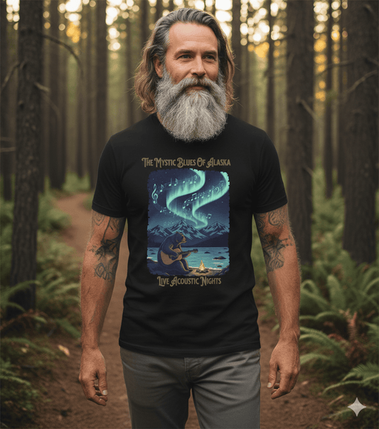 Mystic Blues of Alaska acoustic nights t-shirt with wilderness guitar and northern nature design
