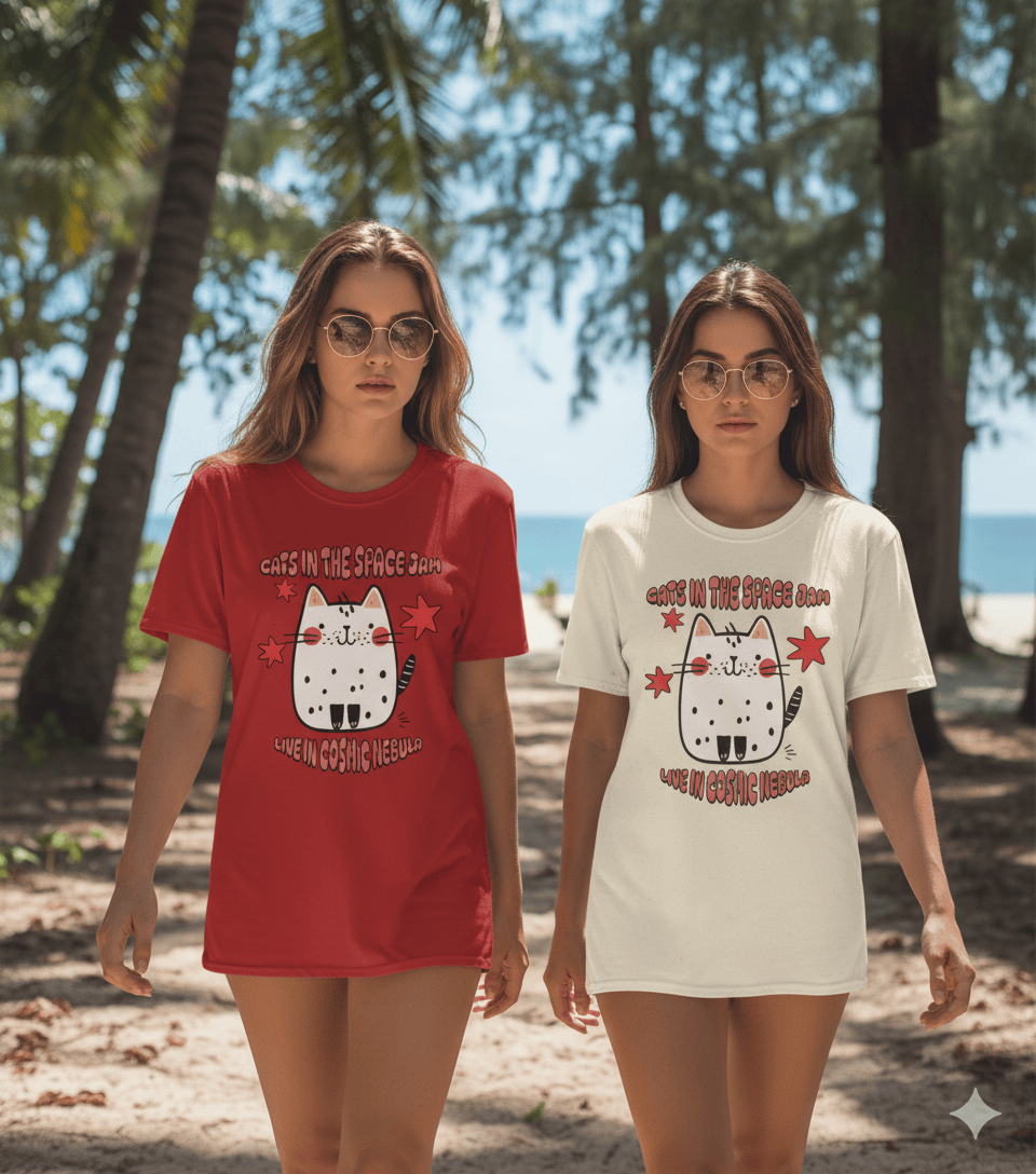 Cosmic Cats softstyle t-shirt with space cats and galactic music design