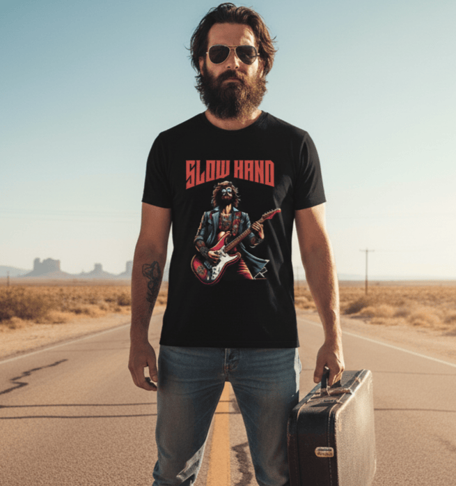 Slow Hand retro rock band t-shirt with guitar legend tribute design