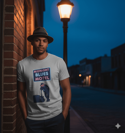 Midnight Blues Motel vintage t-shirt with retro roadside motel and blues music design
