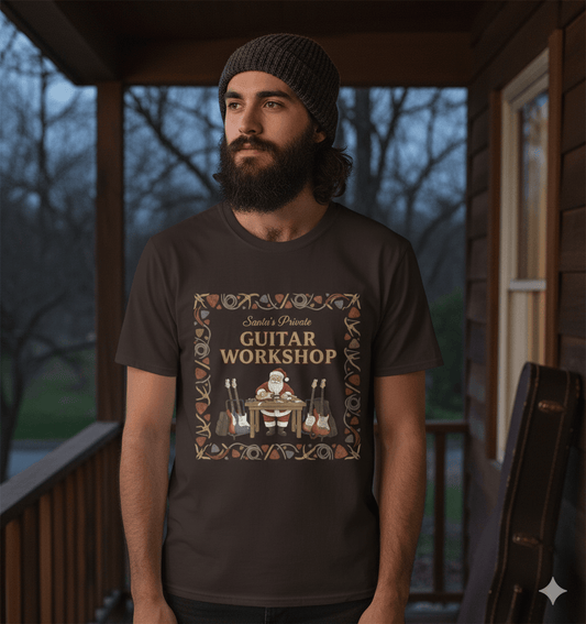 Santa's Guitar Workshop softstyle t-shirt with Santa making guitars Christmas design