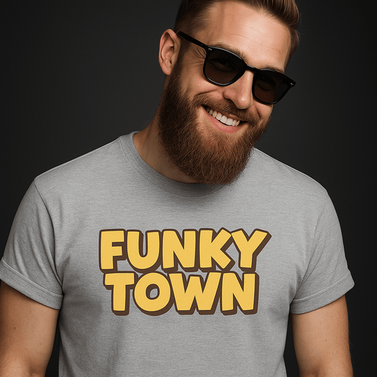 Funky Town yellow retro graphic t-shirt with bold vintage logo