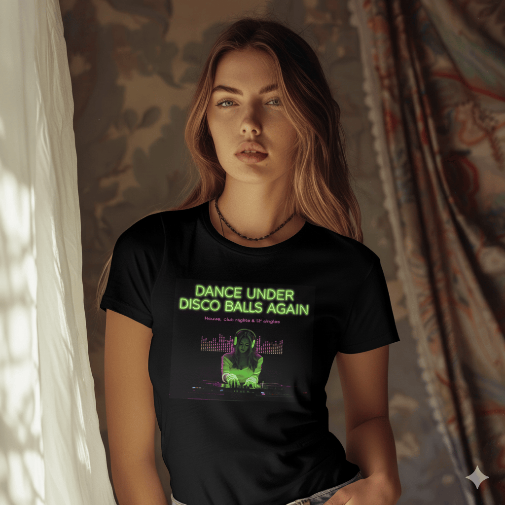 Dance Under Disco Balls Again neon DJ retro club t-shirt