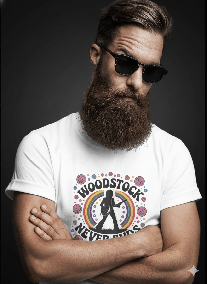 Woodstock Never Ends retro guitar music festival t-shirt