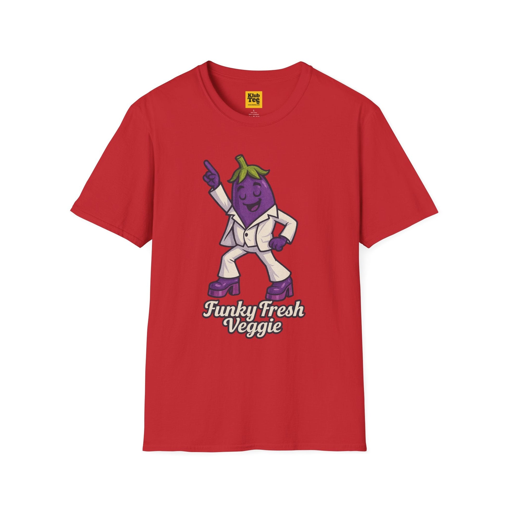 Red t-shirt with a cartoon eggplant character and 'Funky Fresh Veggie' text on a white background