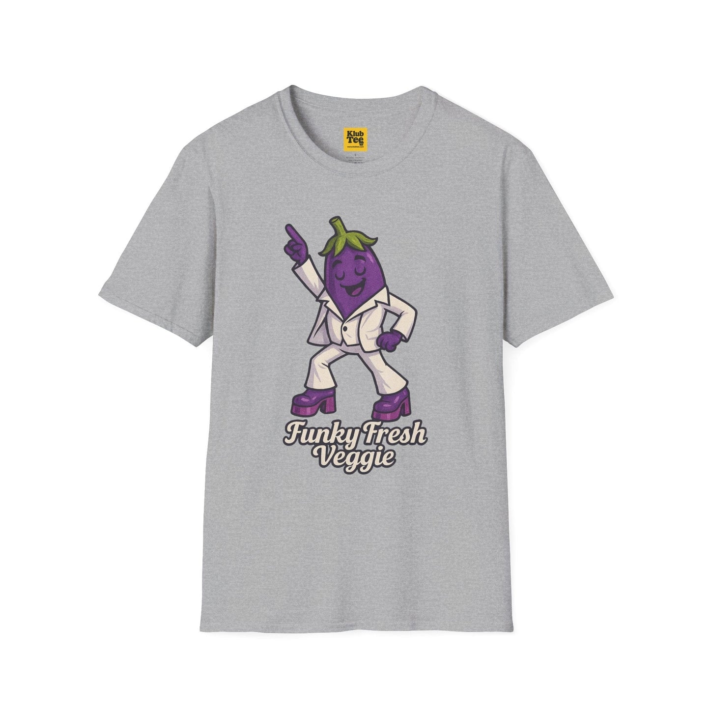Gray t-shirt with an eggplant character in a suit and sunglasses on a white background