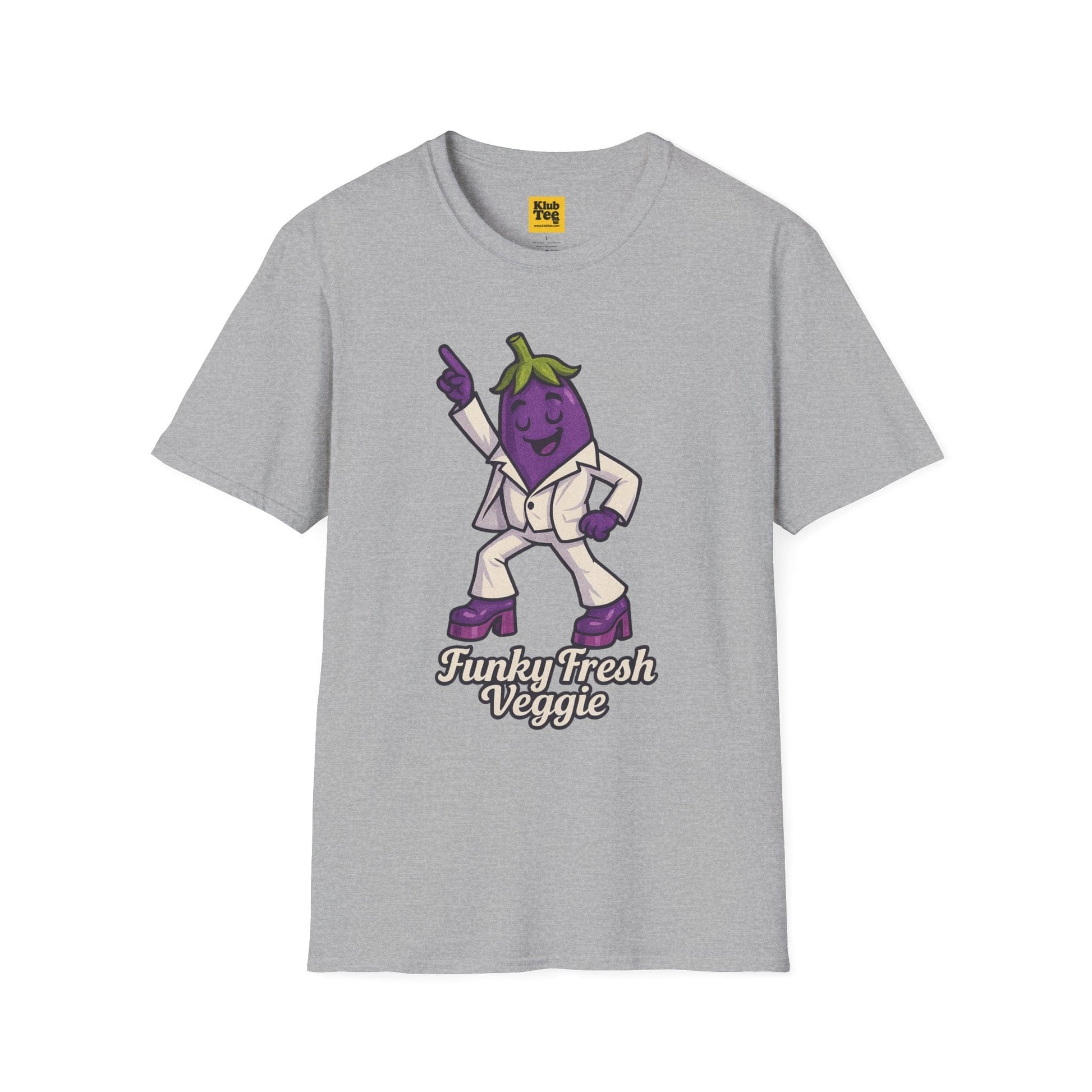 Gray t-shirt with an eggplant character in a suit and sunglasses on a white background